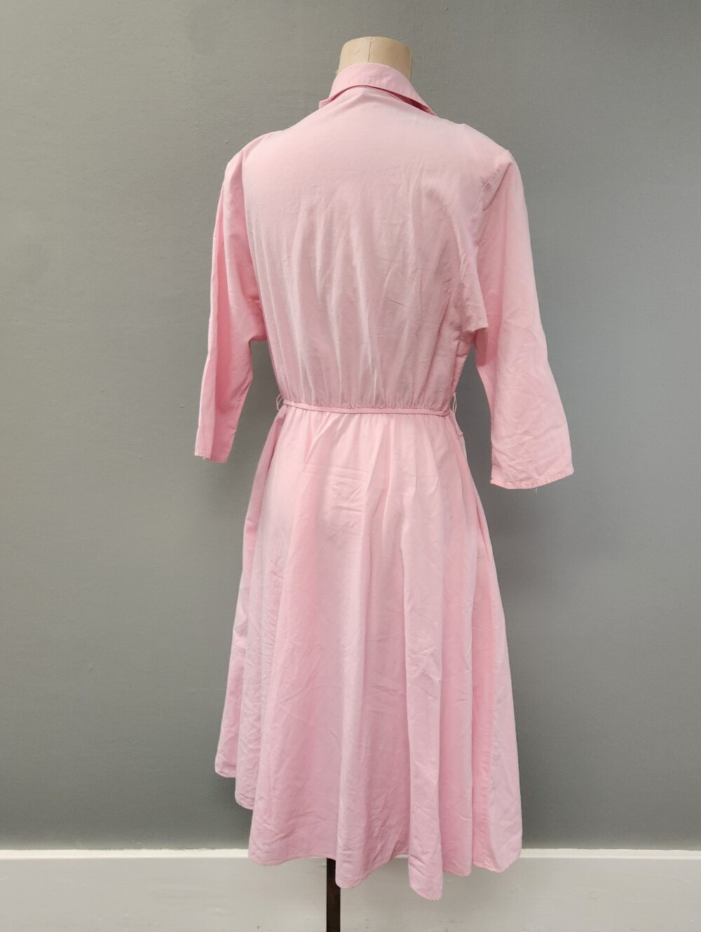 Vintage Stuart Alan Petites Pink Cotton Midi Shirt Dress Elastic Waist - Picture 4 of 10